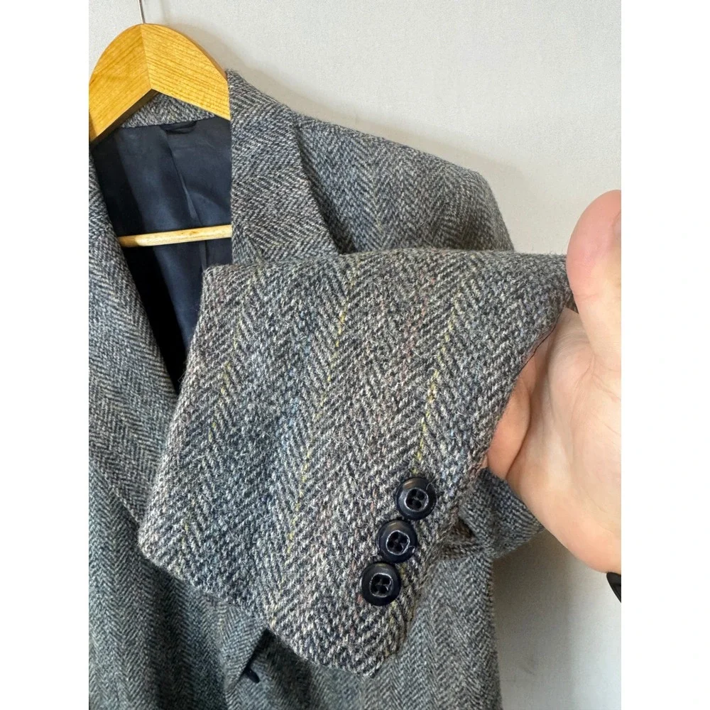 Harris Tweed The Bay Mens Grey Herringbone Wool Blazer Sport Coat 42R Vintage